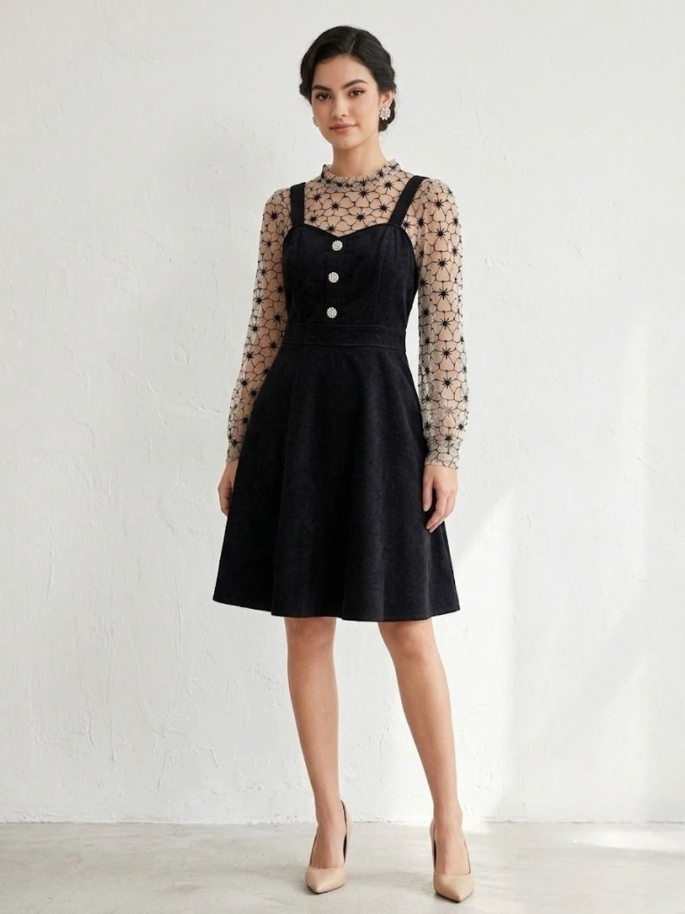 Minai Studio Black Dress with White Floral Mesh Long Sleeves
